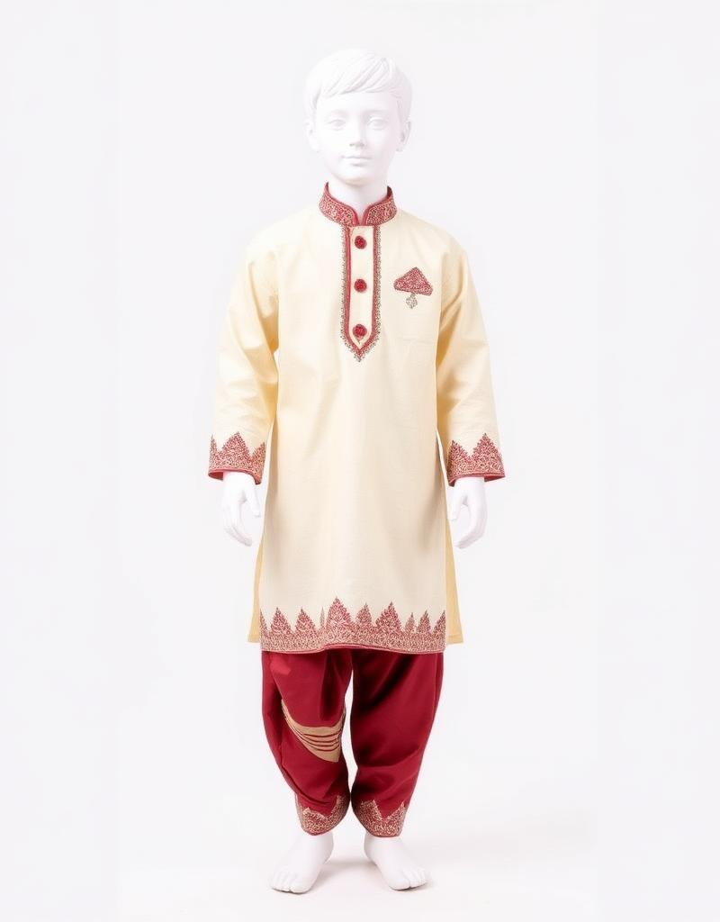 Cream & Maroon Kurta Set